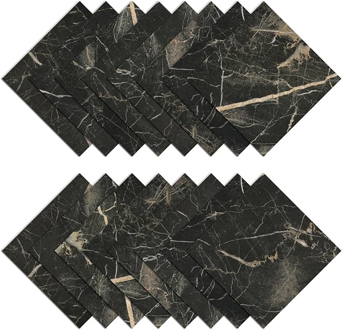 Marble Black Vinyl Flooring Tiles Peel and Stick Floor Tile 12''x12'' Self Adhesive Waterproof Floor Stickers for Kitchen Bathroom Decorative Flooring Sheets for Bedroom Basement RV Sticky Tiles 16PCS