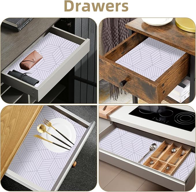 Shelf Liners for Kitchen Cabinets 17in x 20FT, Non Adhesive Cabinet Liner Strong Non-Slip Thickened Silver Geometric Easy to Clean for Shelf, Cabinet, Refrigerator with Knife and Tape Measure