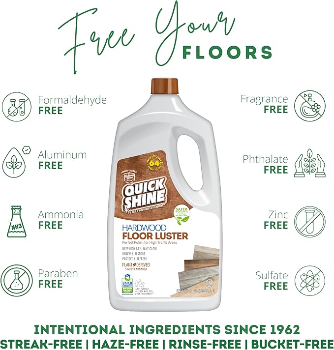 Quick Shine Hardwood Floor Luster-Polish 64oz-4pk | Plant-Derived w/Carnauba | Safer Choice, No PFAS, pH Neutral | Ready to Use Formula w/Anti-Slip Technology | Simply Squirt & Spread | Made in USA