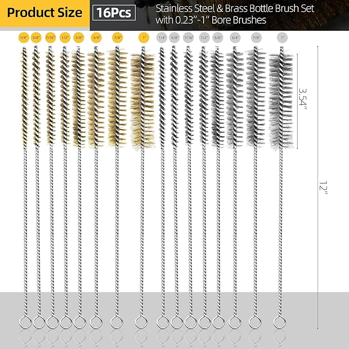 16Pcs Stainless Steel & Brass Wire Tube Brushes Bottle Brush Set,12" Long Wire Bore Brushes for Deep Cleaning Pipes,Tubes,Narrow Spaces, Engine Parts, Home Brew(1/4"-1" Sizes)