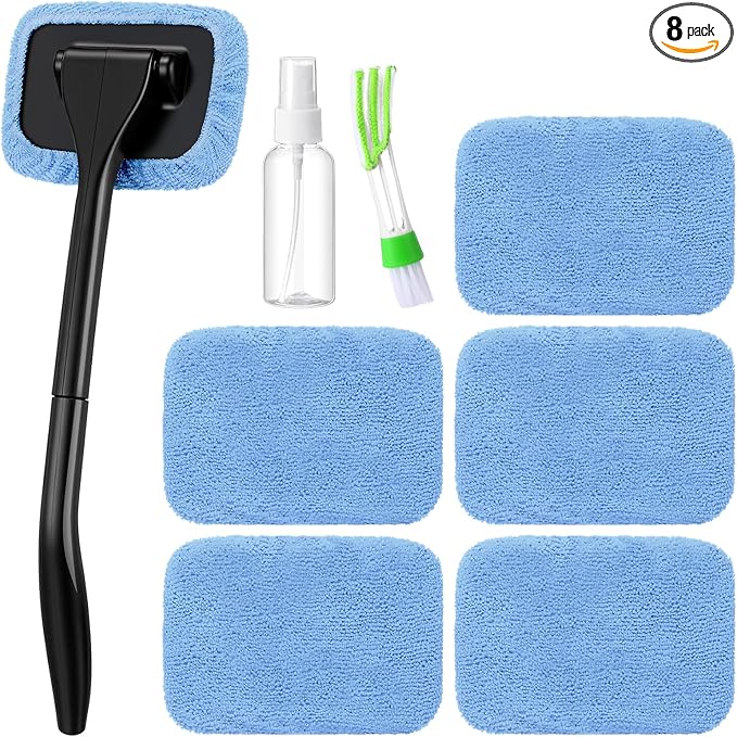 8 Pcs Car Windshield Cleaner Tool Kit with Removable Handle, Microfiber Towel Pads, Brush, Empty Spray Bottle for Auto Glass Wiper Suvs Rvs & Home Windows(Light Blue)