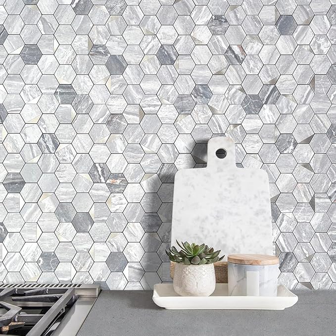 DICOFUN 10-Sheet Hexagon Tile Peel and Stick Backsplash, Grey Marble Look PVC Mixed Silver Metal Mosaic Tiles for Kitchen and Bathroom