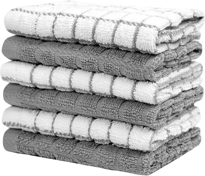 Bumble Premium Cotton Dish Cloths 12" x 12"| Grey Design | 405 GSM | Highly Absorbent & Soft Dish Towels | 100% Natural Ring Spun Cotton Kitchen Towel Set - 6 Pack