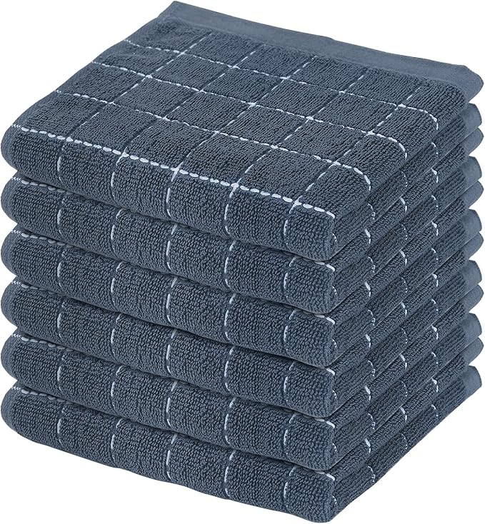Mordimy 100% Cotton Terry Cloth Dish Cloths, Soft and Absorbent Checkered Dish Towels, Quick Drying Dish Rags for Washing Dishes, 6 Pack, 12 x 12 Inches, Grey