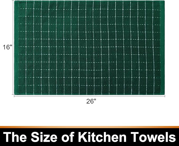 Mordimy 100% Cotton Terry Cloth Kitchen Towels, Super Soft and Absorbent Dish Towels for Drying, Checkered Designed Hand Towels for Kitchen, 16 x 26 Inches, 6 Pack, Dark Green