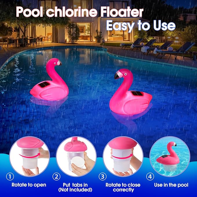 Blufree Pool Chlorine Floater, Solar Flamingo Chlorine Tablet Floater w/Adjustable Release, Glow in The Dark Large Capacity Floating Chlorines Dispenser for Pool Hot Tub Spa