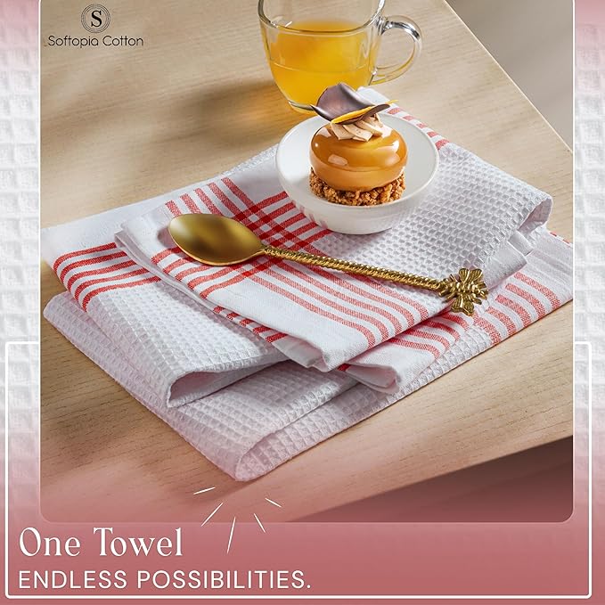 Waffle White & Red Kitchen Dish Towels, Set of 4, 100% Cotton 16x26 inches, Absorbent Tea Towel, Multi-Purpose Hand Cleaning Towel, Strong and Reusable Dish Cloths for Drying Dishes