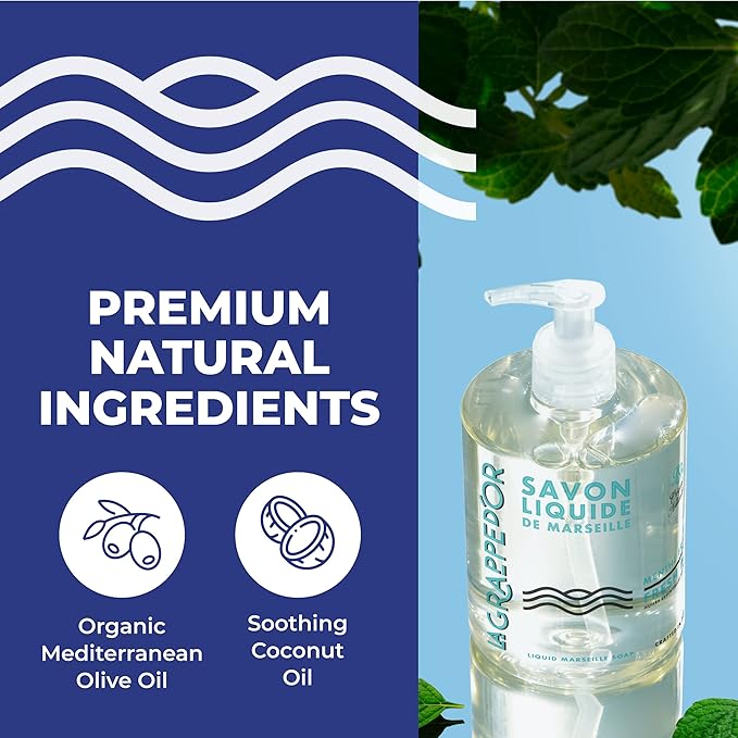 La Grappe d'Or Fresh Mint Marseille Hand Soap with Essential Oils | Handmade in France from Moisturizing Organic Olive & Coconut Oil | Natural, Cruelty-Free & Vegan, 16.90 oz Liquid