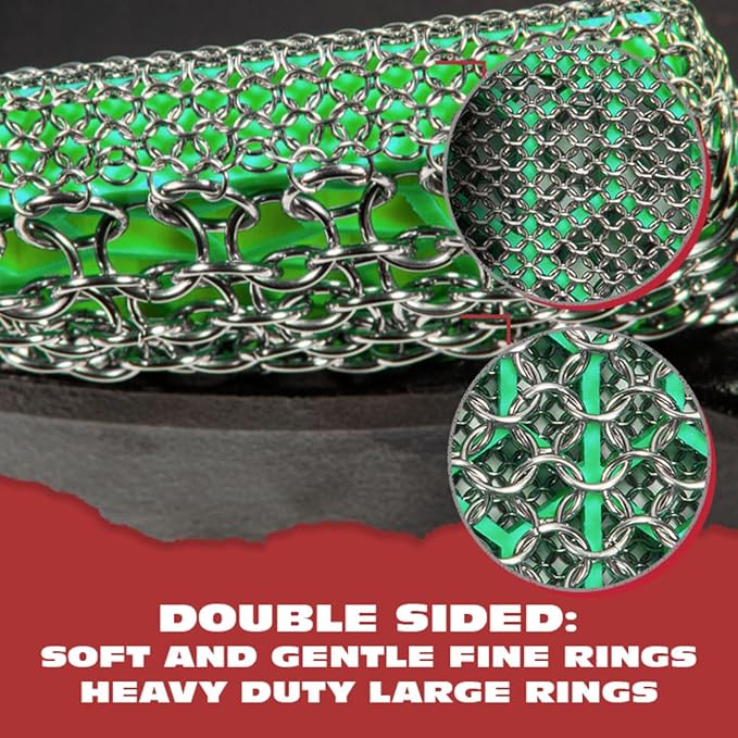 Knapp Made Combo Chainmail Cast Iron Scrubber with Silicone Core - Heavy Duty Rings and Fine Chainmail Rings -Premium Cast Iron Cleaner Chainmail Scrubber -Perfect for Cast Iron Cookware,Skillet,Woks