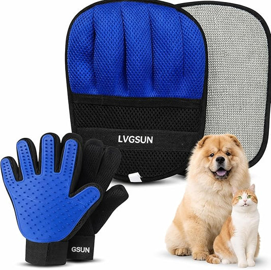 3-in-1-Pet Hair Remover Gloves for Cats & Dogs, Grooming & Deshedding Mitt Set – 2 Gloves + Extra Pad, Reusable Fur Removal Tool for Shedding, Sofa, Clothes, Carpet & Car Interior
