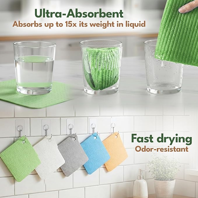 10 Pack Cellulose Swedish Dishcloths for Kitchen - Eco-Concious Reusable Dish Towels & Cloths - Super Absorbent, Odor Resistant and Fast Drying Wash Cloths for Dishes & Surfaces