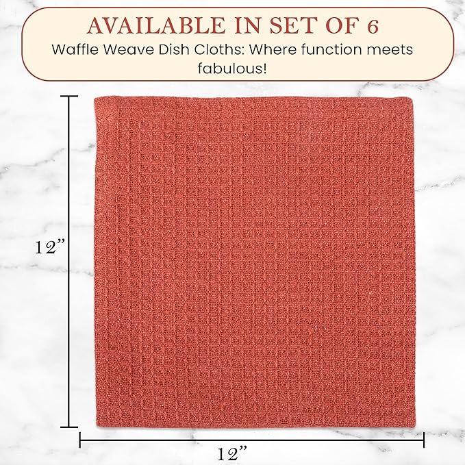 Vintage Vista 100% Cotton Waffle Dish Cloths (Pack of 6) - Dish Rags for Washing Dishes - Reusable & Highly Absorbent Kitchen Towels - Kitchen Rags for Christmas - (12" x 12" - Light Brown)