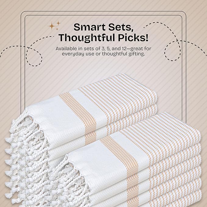Beige Turkish Kitchen Towels 16x26 Inch, 5 Pack, 100% Cotton, Ultra Absorbent, Soft, Fast Dry, Machine Washable, Dish Towel with Tassels for Drying Dishes, Cleaning, Everyday Use