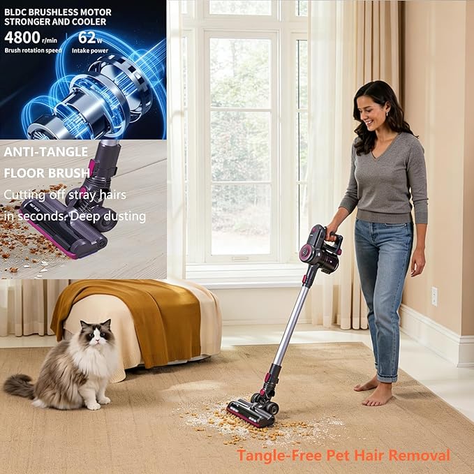 Novaspark Pink Cordless Stick Vacuum Cleaner - 18.5kPa Suction, 50-Min Runtime, Tangle-Free Pet Hair Cleaning, Lightweigh Design with LED Light, HEPA Filter and 4-in-1 Brush Set, HSC-01