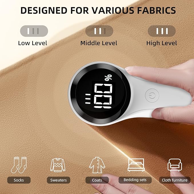Fabric Shaver, Electric Lint Remover, Rechargeable Lint Shaver, Household Essentials for Clothes, Upholstery, Furniture, Sweater Defuzzer to Remove Pilling, Battery Operated, White