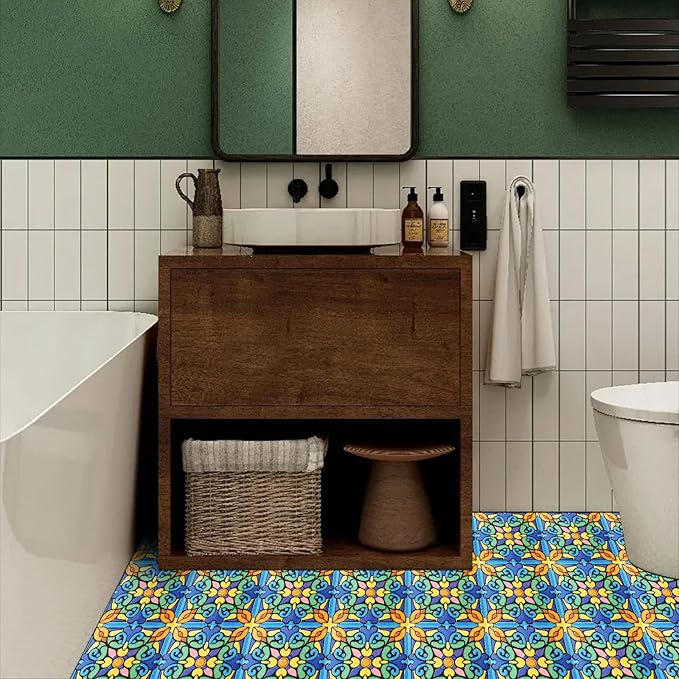 10PCS 12x12 Inch Spanish Mosaic Peel and Stick Floor Tiles Removable Self Adhesive Vinyl Flooring Stickers for Kitchen Balcony Bathroom Patio Decor