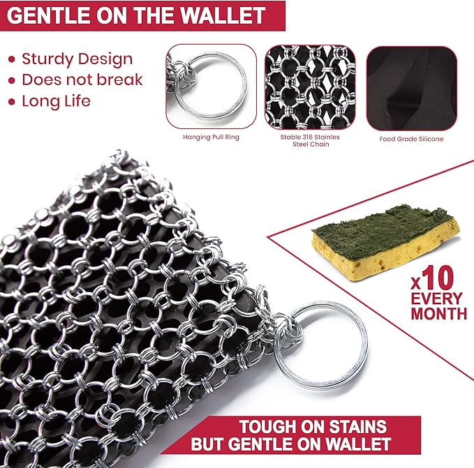 Zylark 316L Cast Iron Scrubber + Scraper Tool - Pan Cleaner Scrubber with Silicone Insert - Cast Iron Cleaning Kit - Chainmail Scrubber for Cookware