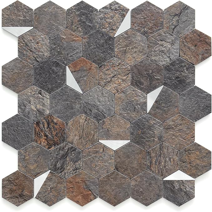 DICOFUN Hexagon Tile Mixed Metal Peel and Stick Backsplash, Self Adhesive Mosaic Tiles for Kitchen and Bathroom (1, Rust Slate and Silver)
