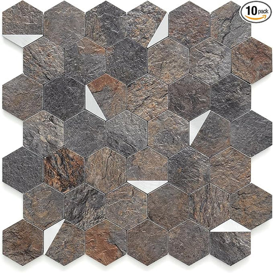 DICOFUN Hexagon Tile Mixed Metal Peel and Stick Backsplash, Self Adhesive Mosaic Tiles for Kitchen and Bathroom (10, Rust Slate and Silver)