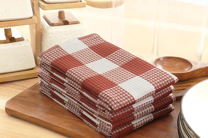 PurpleEssences Rust 100% Cotton Waffle Weave Check Plaid Kitchen Towels, Super Soft and Absorbent Dish Towels for Drying Dishes 15 x 25-4 Pack - Christmas Holiday Winter - Rust and White
