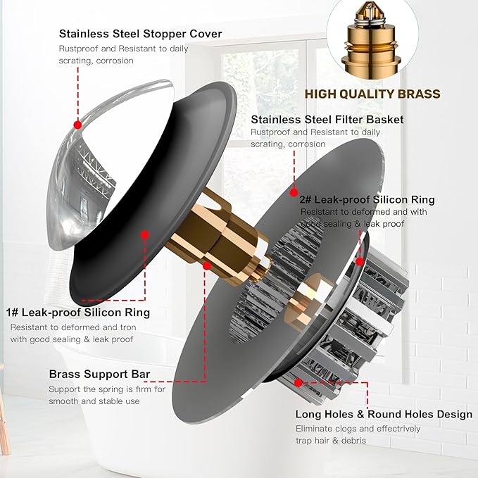 Kitchen Sink Drain Strainer 3 in 1, 304 Stainless Steel Pop Up Sink Stopper, Anti-Clogging Drain Stopper, Strainers for Kitchen, Drain Cover & Kitchen Accessories for US Standard Sink (Smooth Silver)