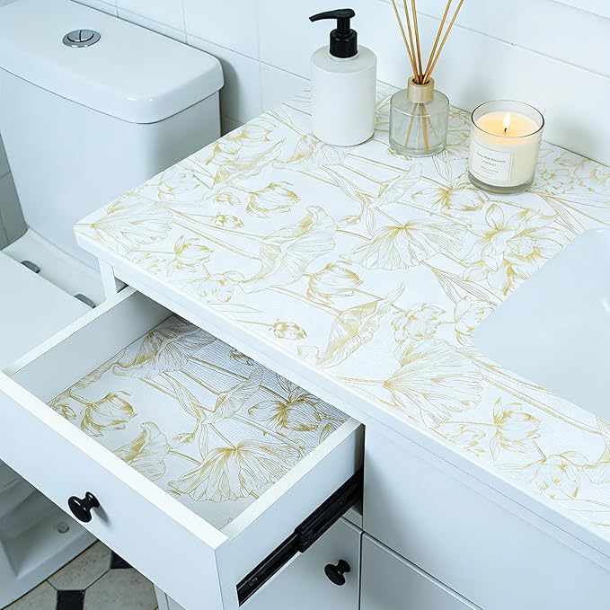 Shelf Liners Non Adhesive Light Base Gold Lotus Pattern - Thickened Non-Slip Easy to Clean Drawer Liner for Kitchen Cabinets, Tool Box, Refrigerator, with Knife & Tape Measure, 17in x 30FT