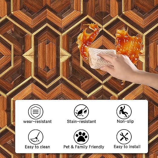 Nuxovilar Peel and Stick Vinyl Flooring, 12x12 Inch Geometric Wood Mosaic Pattern, Self-Adhesive Flooring (10 Pcs)