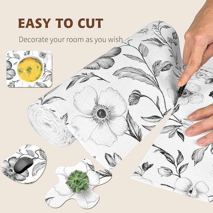 Drawer and Shelf Liner Black Flowers 12in x 20FT, Non Adhesive Anti-Slip Double Layer PVC Reusable Thickened Waterproof Easy Clean for Kitchen Cabinets Refrigerator with Knife Tape Measure