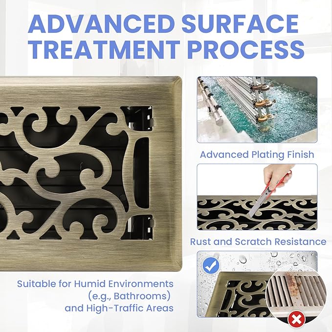4x14 Inches 2 Pack Heavy Duty Walkable Floor Register - Easy Adjust Air Supply Lever Decorative Floor Vent Covers, Savannah Design Vent Covers for Home - Antique Brass