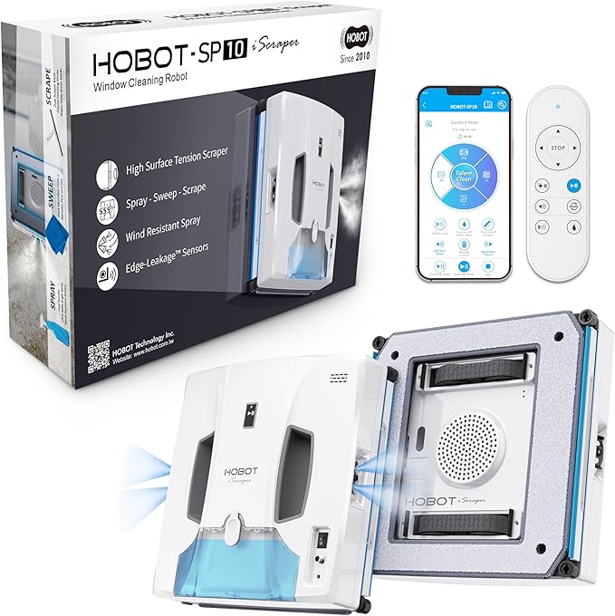 HOBOT-SP10 iScraper Window Cleaning Robot, Spray-Sweep-Scrape, 6000Pa Suction, App + Remote Control, Framed/Frameless Glass, Indoor/Outdoor Use