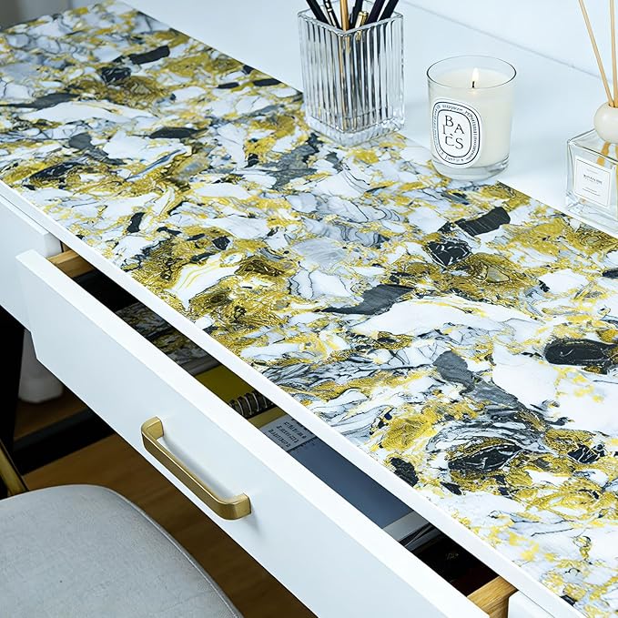 Drawer and Shelf Liner - Yellow Black Marble Pattern,Non Adhesive Non Slip Waterproof Easy-Clean Liner for Kitchen Cabinet, Refrigerator, Bathroom, Pantry Storage Drawers, 12 in x 10 Ft