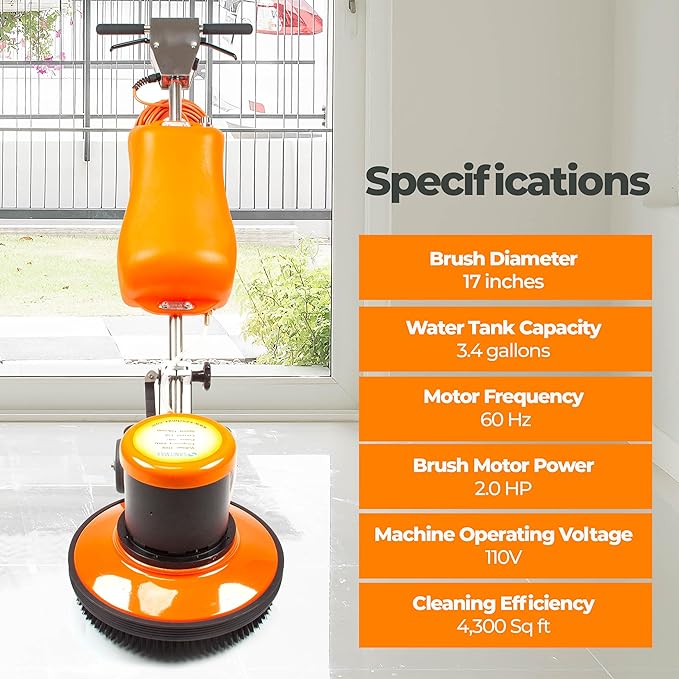 17" Floor Buffer Scrubber Polisher Machine with 3.4 Gallon Tank, 2.0 HP, 175 RPM, Industrial and Commercial Professional Use