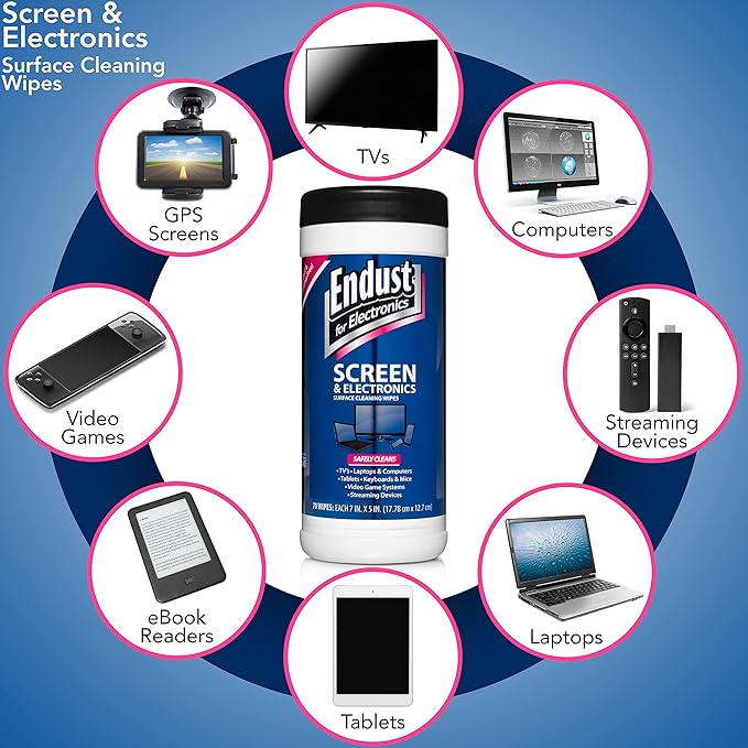 Endust for Electronics; Screen & Surface Cleaning Wipes, Great LCD and Plasma Wipes, 70 Wipes (11506)