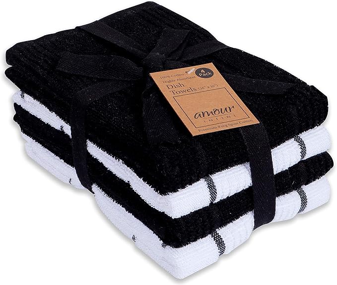 AMOUR INFINI Kitchen Towels Pack of 4 Absorbent, Quick Drying Premium Terry Cotton Dish Towel with Hanging Loop 16x28 Inch Hand & Tea Towels (Black)