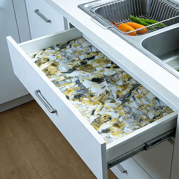 Drawer and Shelf Liner - Yellow Black Marble Pattern,Non Adhesive Non Slip Waterproof Easy-Clean Liner for Kitchen Cabinet, Refrigerator, Bathroom, Pantry Storage Drawers, 12 in x 10 Ft