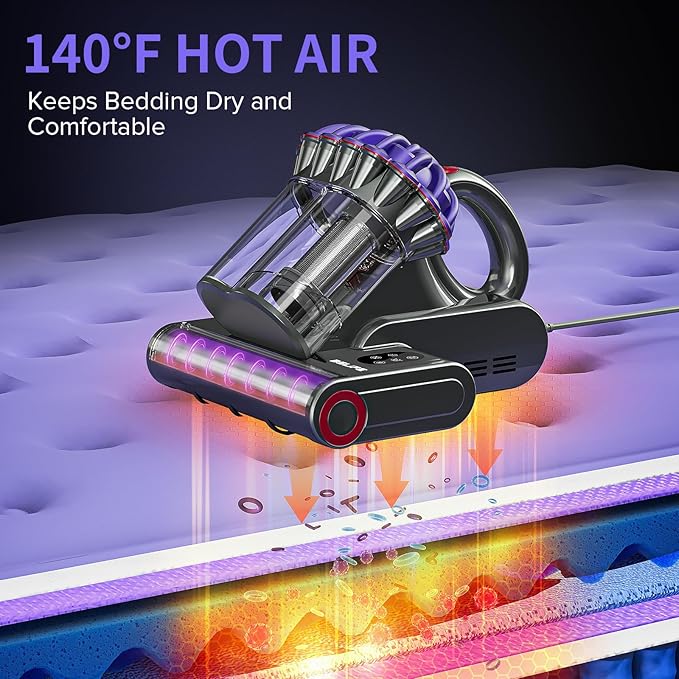 Belife M8 Mattress Vacuum Cleaner, Anti-allergen Bed Vacuum Cleaner with UV & Hot Air & High Heating, 550W 18Kpa Powerful Suction Double-Cup Handheld Vacuum for Bed, Couch, Sofa, Corded (Black)