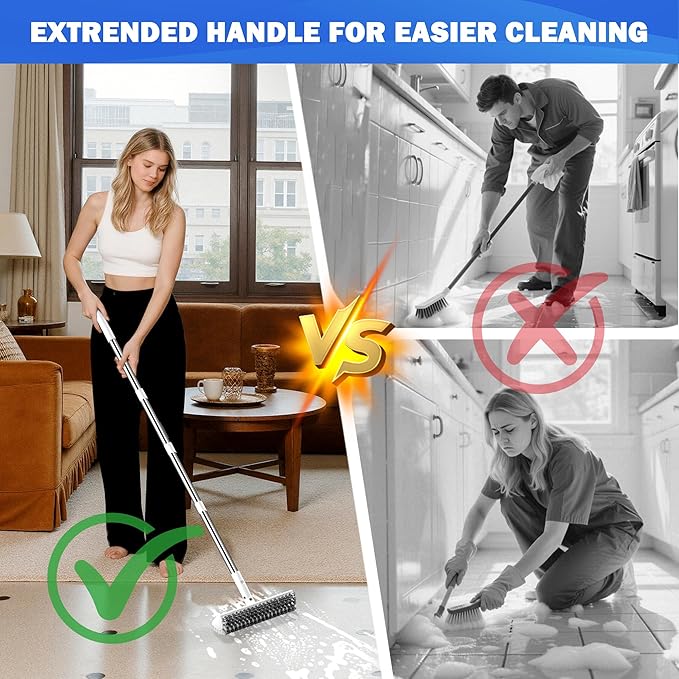 Grout Brush with Long Heavy Duty Handle, 180° Swivel Floor Scrub Brush, V-Shaped Grout Line Scrubber with Stiff Bristles, Cleaning Brush for Deep Cleaning Tile Grout, Shower, Kitchen, and Concrete