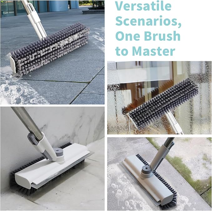 Floor Scrub Brush with Long Handle, 3 in 1 Scrape and Heavy-Duty Stiff Bristle Scrubber Brush for Cleaning Shower Bathroom, Patio, Pool, Garage, Kitchen, Wall and Deck (White, 1 Pack)