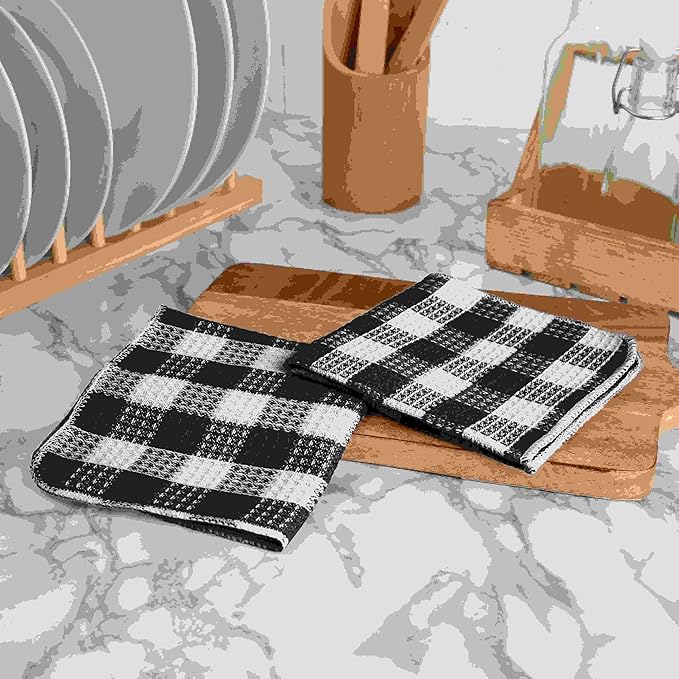 Blue Needles Waffle Weave Check Plaid Dish Cloths, 12x12 Inches 100% Cotton Set of 8 Dish Towels for Kitchen, Ultra Soft & Absorbent Kitchen Towels for Quick Drying Spring Summer - Black & White