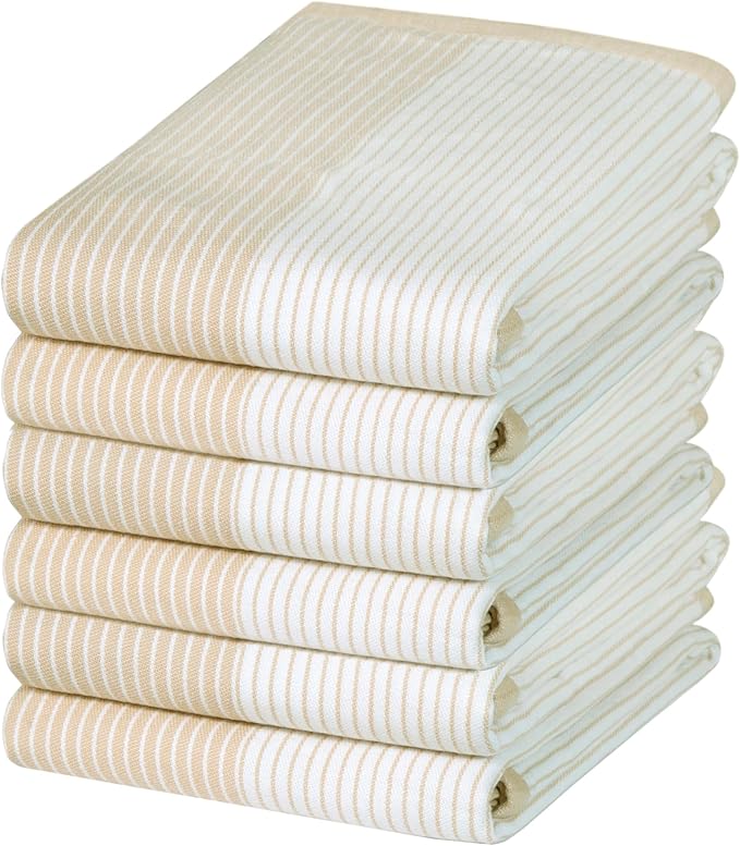 Premium Kitchen Towels (20”x 28”, 6 Pack) | Yarn Dyed Flat Woven Stripe Kitchen Towel Set| 238 GSM | Highly Absorbent with Hanging Loop | Tan