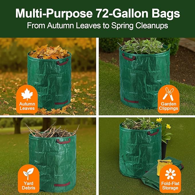 72 Gallon Reusable Yard Waste Bags (3 Pack), Heavy Duty Stand-Up Leaf & Lawn Bags, 150 GSM Woven PP (PE Coated), Double-Layer Bottom, Top & Bottom Reinforced Handles, Cowhide Gloves Included