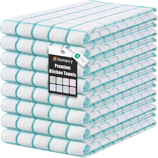 Homaxy Premium Kitchen Towels(16”x 28”, 8 Pack), Large Ring Spun Cotton Dish Towels, Super Absorbent Soft Terry Kitchen Hand Towels, Check Design Tea Towel Set with Hanging Loop, Aqua
