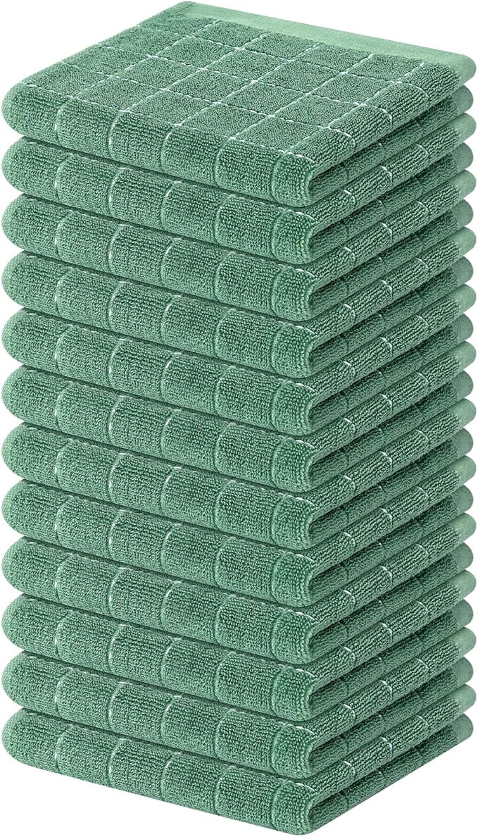 Mordimy 100% Cotton Terry Cloth Dish Cloths, Soft and Absorbent Checkered Dish Towels, Quick Drying Dish Rags for Washing Dishes, 12 Pack, 12 x 12 Inches, Grass Green