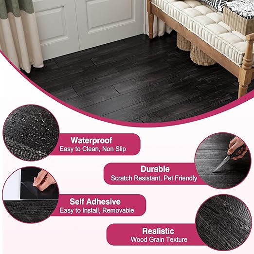 CRE8TIVE 24-Pack Dark Grey Wood Plank Vinyl Peel and Stick Floor Tile - Waterproof 6"x36" Self Adhesive Flooring for Bathroom, Kitchen, Bedroom - Temporary Wood Look