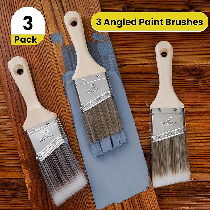 Mister Rui 3-Pack 2 Inch Angled Paint Brushes, Short Handle Professional Sash Brushes for Trim, Cabinets & Furniture, Smooth Finish for Oil & Latex Paint