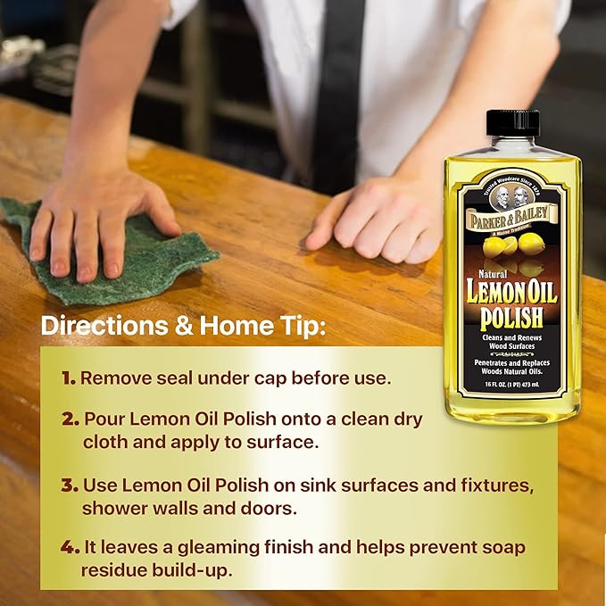 Parker & Bailey Lemon Oil Polish, Natural Lemon Scented Furniture Cleaner & Wood Table Cleaner, Renews & Restores a Finish for Woods, Protects from Drying or Cracking, Leaves a Shiny Finish, 16 oz