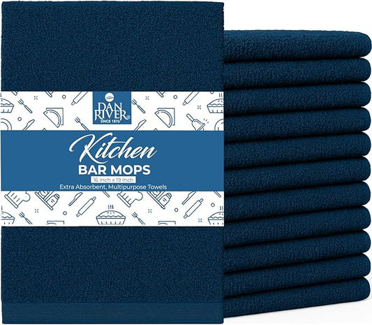 DAN RIVER Kitchen Bar Mops,Pack of 12,16 by 19 Inches,100% Cotton Super Absorbent,Multi-Purpose Cleaning Towels for Home and Kitchen Bars-Blue Opal