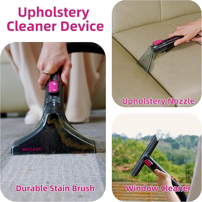 WECLEAN C3 Portable Carpet Cleaner Machine for Car, Stairs, Sofa with 18Kpa Suction and 600W Motor, Dual-Tank Spot Cleaner with 3 Brushes, Handheld Carpet and Upholstery Cleaner Black and Pink