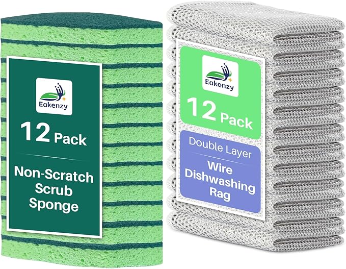12 Pack Non-Scratch Dish Sponges and 12 Pack Wire Dishwashing Rags Set, Gentle Scrub Sponges and Reusable Non-Scratch Wire Dishcloth for Kitchen, Bathroom, and Household Cleaning