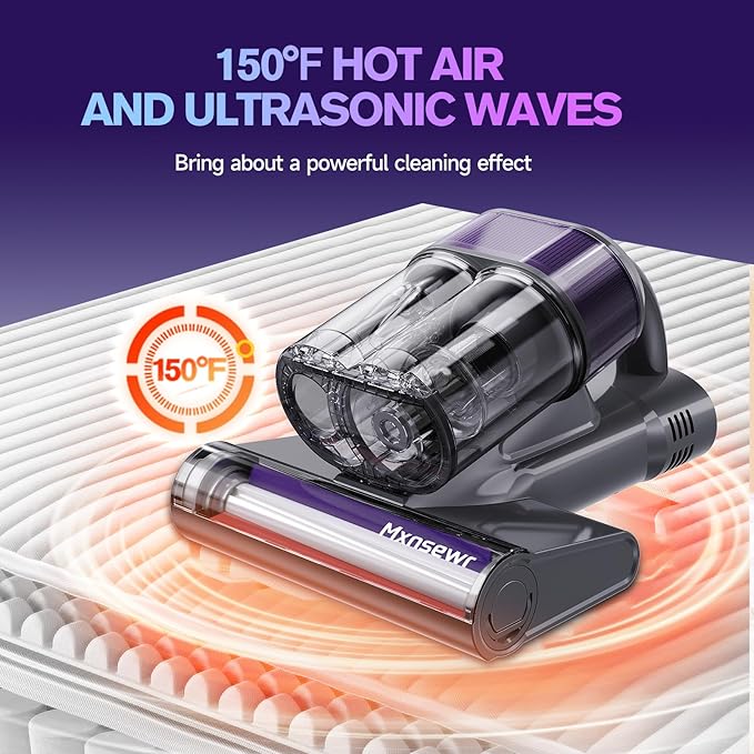 Mattress Vacuum Cleaner, Ultrasonic Bed Vacuum Cleaner with 18Kpa Strong Suction, 150°F Heat & 253.7nm UV-C Light, Intelligent Dual Cup, One-Click Dust Removal for Bed, Sofa, Pet Hair, Grey